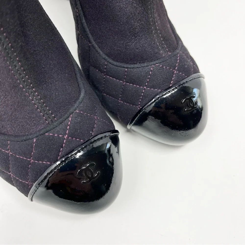 Chanel Quilted Ankle Boots Booties Heels CC Logo Cap Toe Purple Black 40 9 9.5